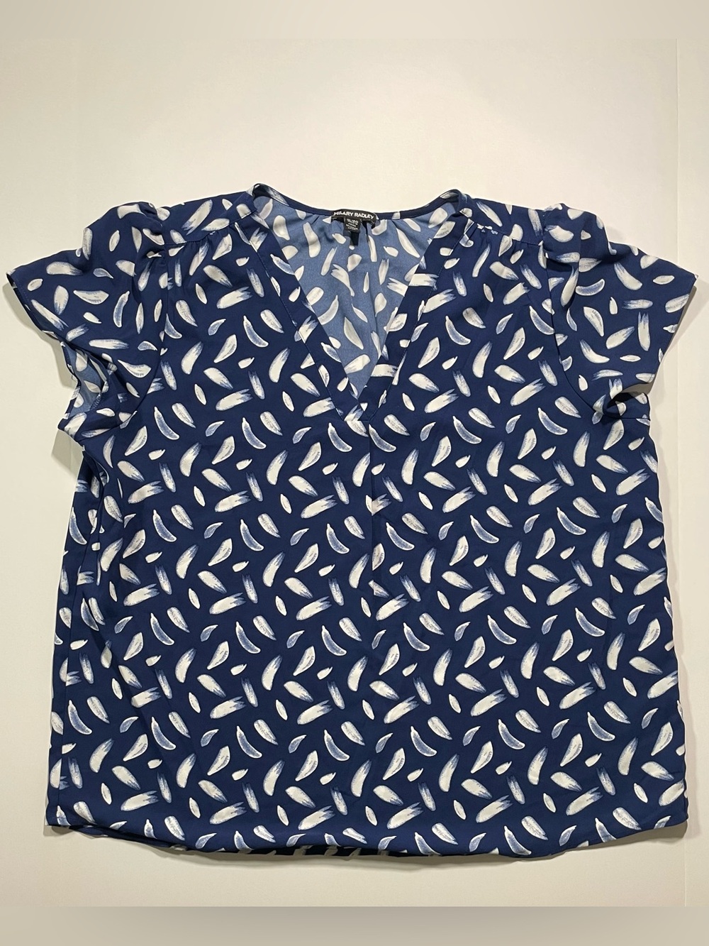 Hilary Radley Navy Blue Feather Print V-Neck Blouse
